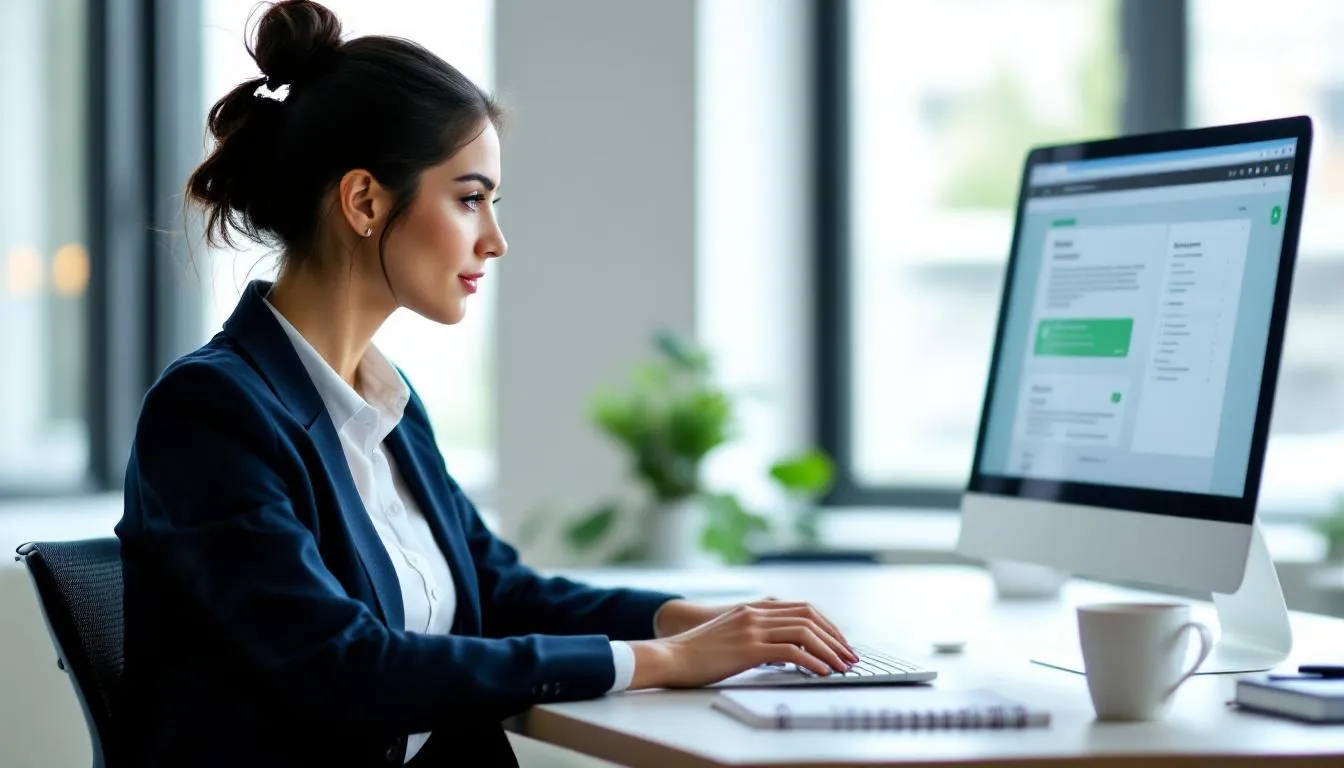 Professional reviewing AI tools on laptop with analytics dashboard