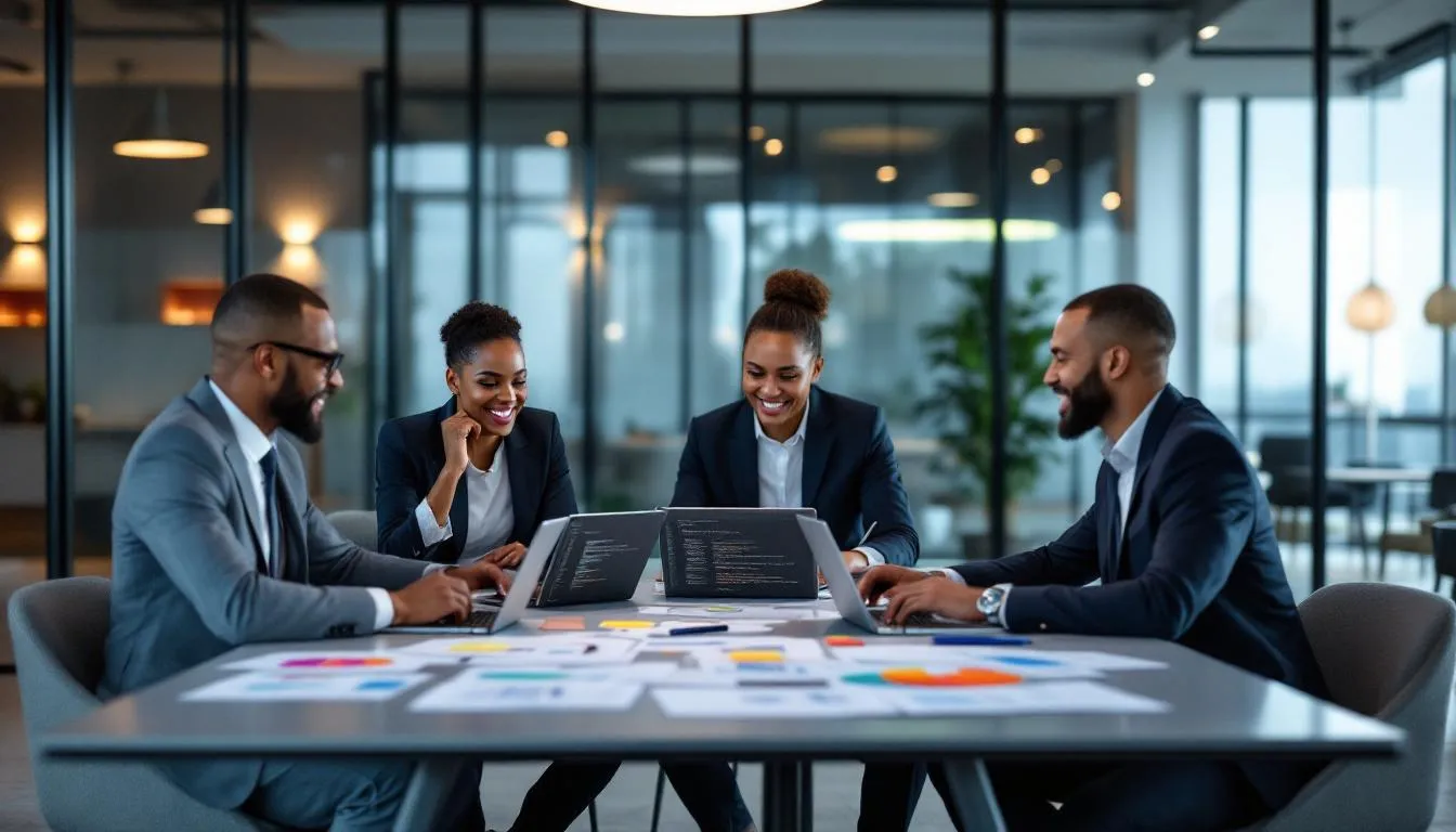 Diverse team collaborating and discussing AI tool selection